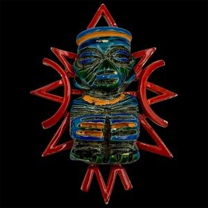 Arthur Pepper Signed Vintage Mayan Tribal Style Enamel Brooch ART